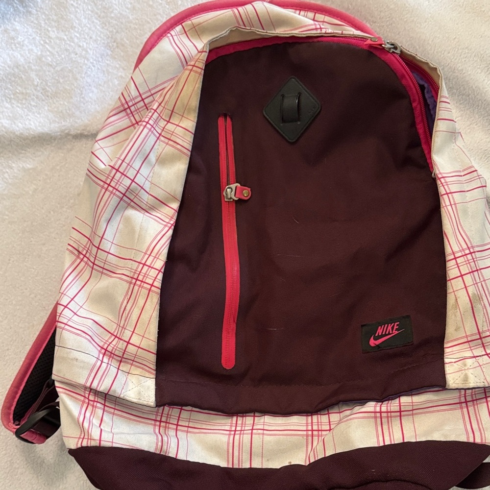 Nike Burgundy and Pink Plaid Backpack